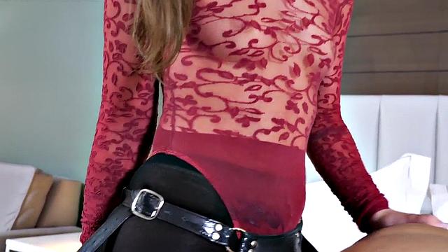 Femdom CFNM babe in high heel boots bangs boyfriend with strapon