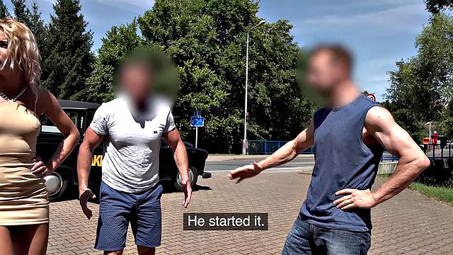 Blonde slut takes on two cocks in public in wild anal threesome