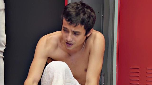 Naughty Brunette with Big Tits gets her tight pussy drilled by a little guy in the locker room