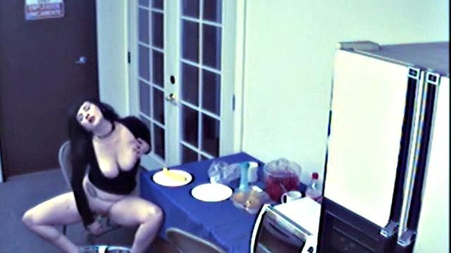 Busty food fetish slut masturbates