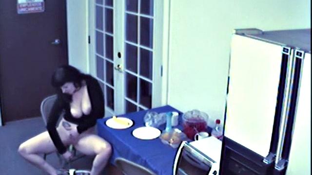 Busty food fetish slut masturbates