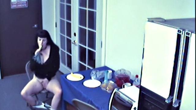 Busty food fetish slut masturbates