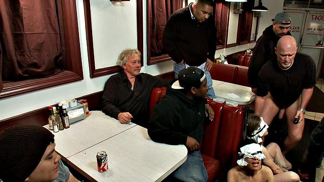 Public bitches fucked hardcore in group at public place