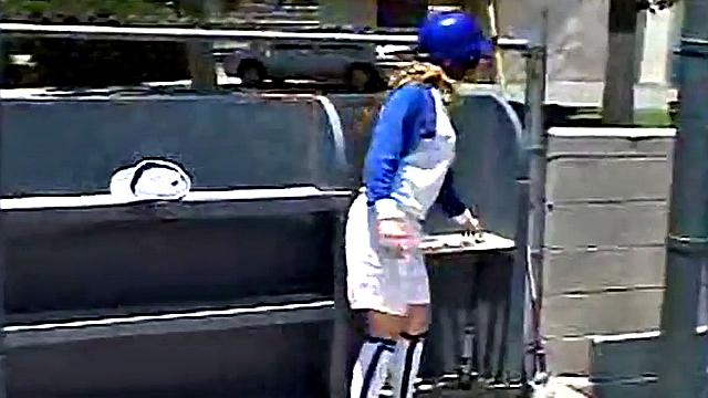 Little April rubs her pussy at the baseball field