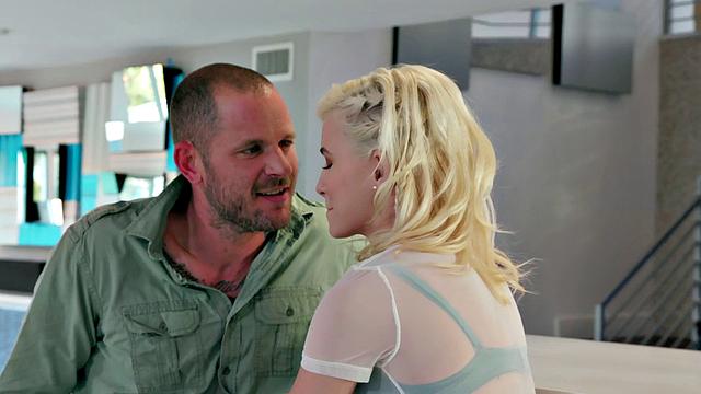 Blonde with a tattoo gets dirty with a big dick in the kitchen, bedroom, doggystyle, and cowgirl