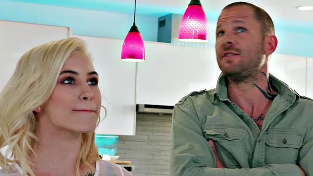 Blonde with a tattoo gets dirty with a big dick in the kitchen, bedroom, doggystyle, and cowgirl