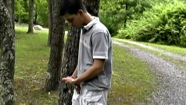 Adorable 18 year old Donavin Fitch finds himself at the country cabin and horny as hell. On the cabin porch, he parks himself in a chair and pulls out his growing cock.