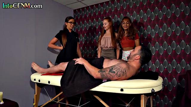 Gorgeous CFNM babes give BJ to guy