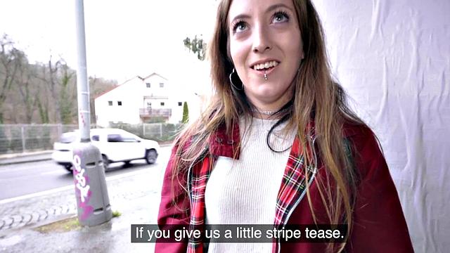 A tattooed euro babe get her holes drilled hard in public by a horny couple