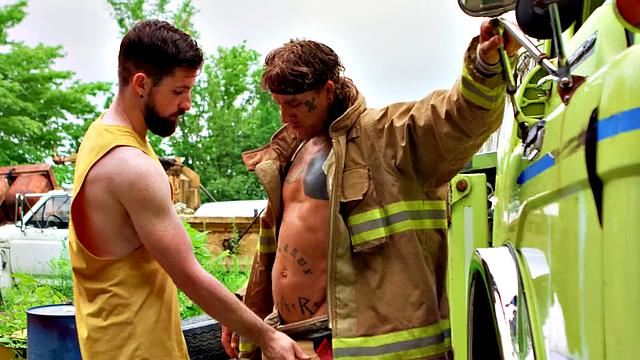 Perv gay stud fucks big cock firefighter