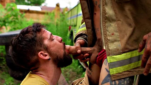 Perv gay stud fucks big cock firefighter