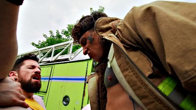 Perv gay stud fucks big cock firefighter