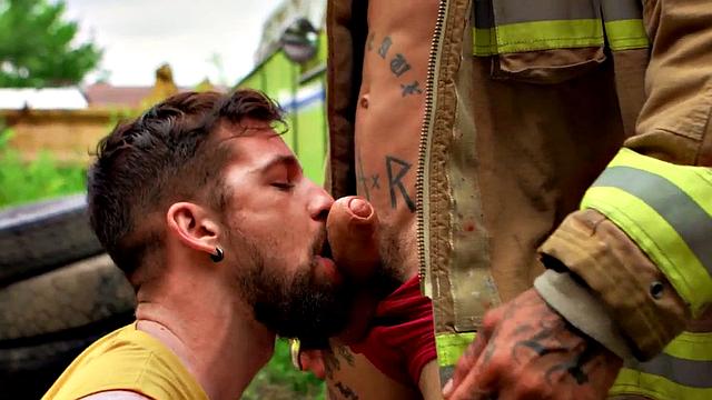 Perv gay stud fucks big cock firefighter