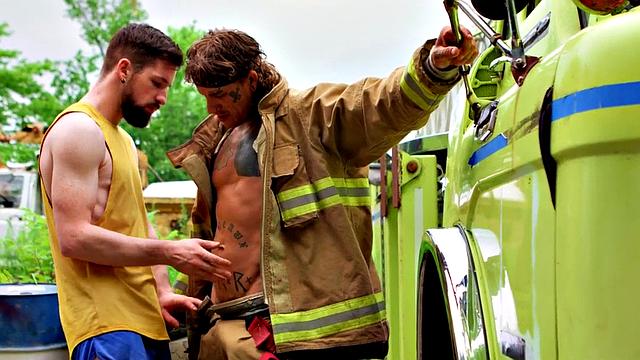 Perv gay stud fucks big cock firefighter