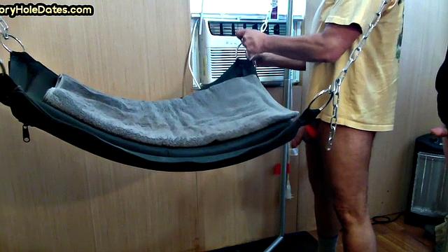 Gloryhole DILF fucked by rimming stud in sling