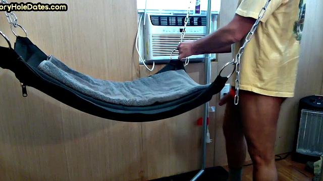 Gloryhole DILF fucked by rimming stud in sling