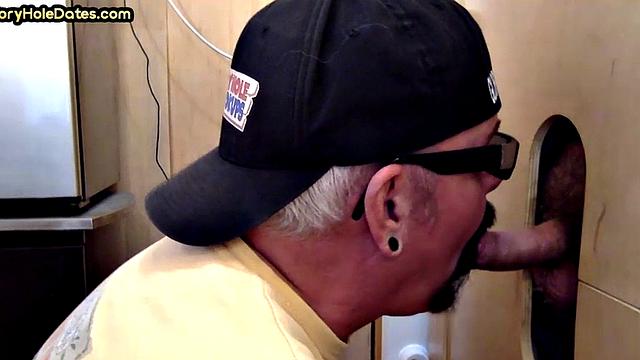 Gloryhole DILF fucked by rimming stud in sling