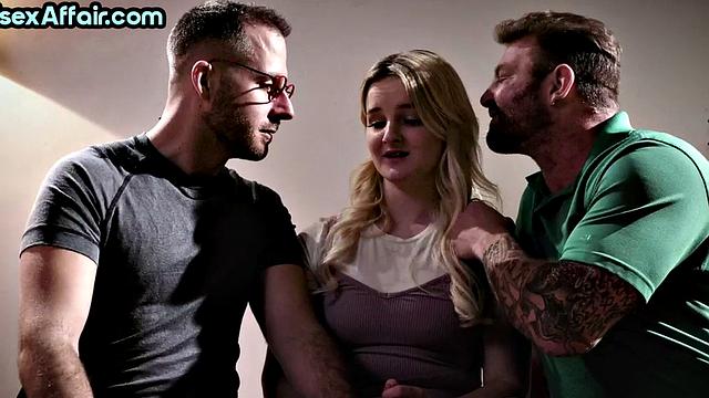 Shy blonde first time in bisex 3some