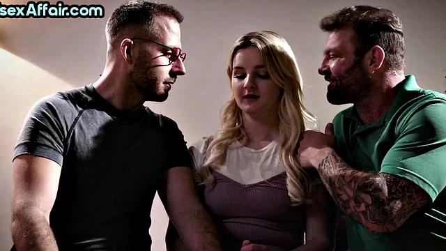 Shy blonde first time in bisex 3some