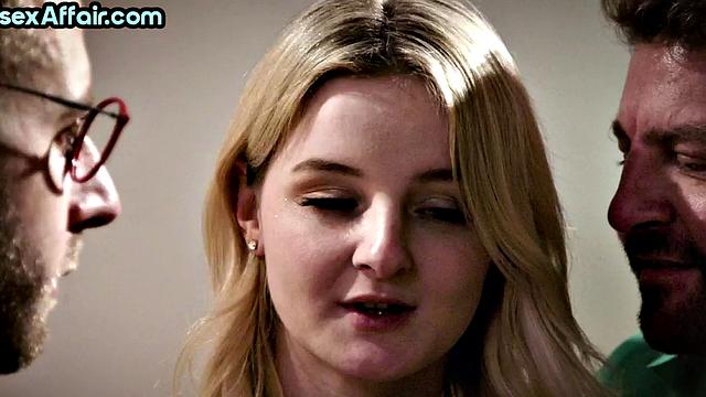 Shy blonde first time in bisex 3some