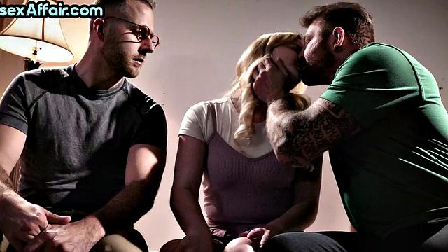 Shy blonde first time in bisex 3some