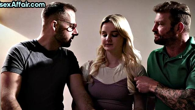 Shy blonde first time in bisex 3some