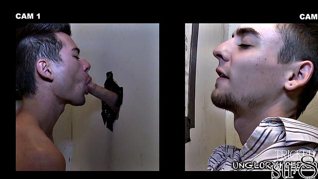 athletic straight stud gets worked over at the glory hole by a horny guy