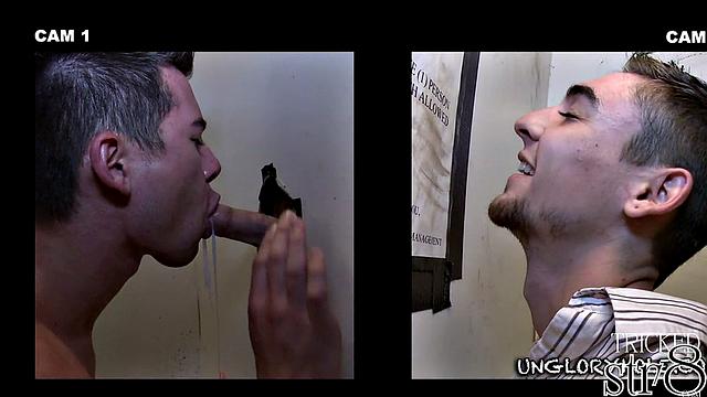athletic straight stud gets worked over at the glory hole by a horny guy