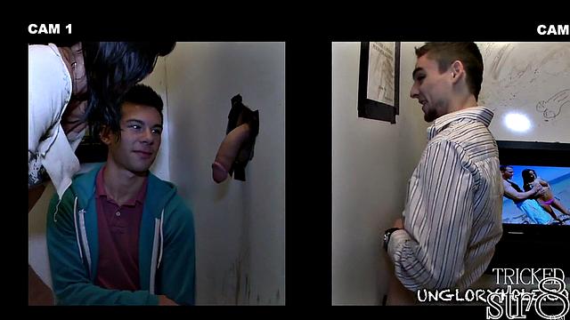 athletic straight stud gets worked over at the glory hole by a horny guy