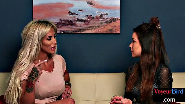 Voyeur tattooed MILF teases wanker with 21yo BFF