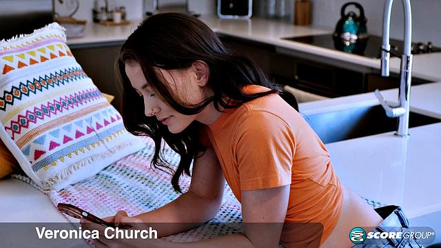 Tight teen Veronica Church takes nudes on her cell phone and fingers her meaty pussy.