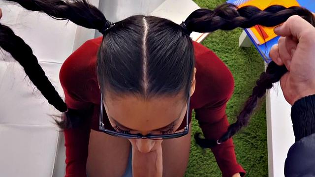 A hot teen with glasses and pigtails get down and dirty before riding a hard cock in POV