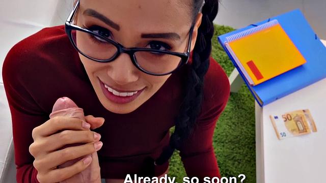 A hot teen with glasses and pigtails get down and dirty before riding a hard cock in POV