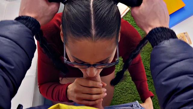 A hot teen with glasses and pigtails get down and dirty before riding a hard cock in POV