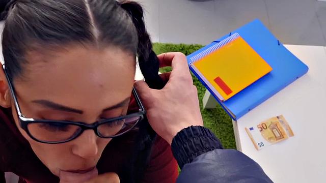 A hot teen with glasses and pigtails get down and dirty before riding a hard cock in POV