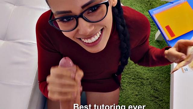 A hot teen with glasses and pigtails get down and dirty before riding a hard cock in POV