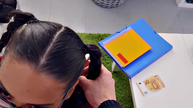 A hot teen with glasses and pigtails get down and dirty before riding a hard cock in POV