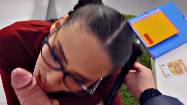 A hot teen with glasses and pigtails get down and dirty before riding a hard cock in POV