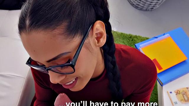 A hot teen with glasses and pigtails get down and dirty before riding a hard cock in POV