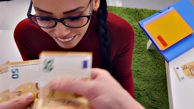 A hot teen with glasses and pigtails get down and dirty before riding a hard cock in POV