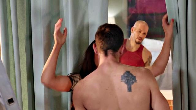 Bisex MILF watches couple fuck and fingers her wet muff