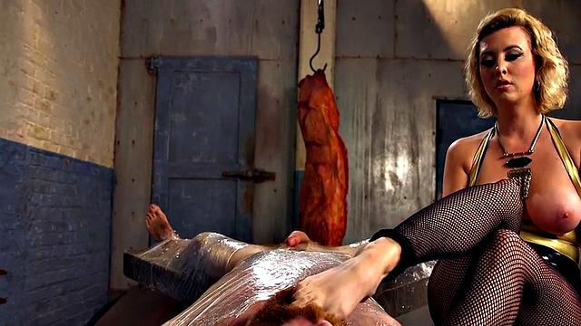 Footfetish latex domina torments tapebondage sub