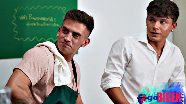 Baristas threesome with beauty