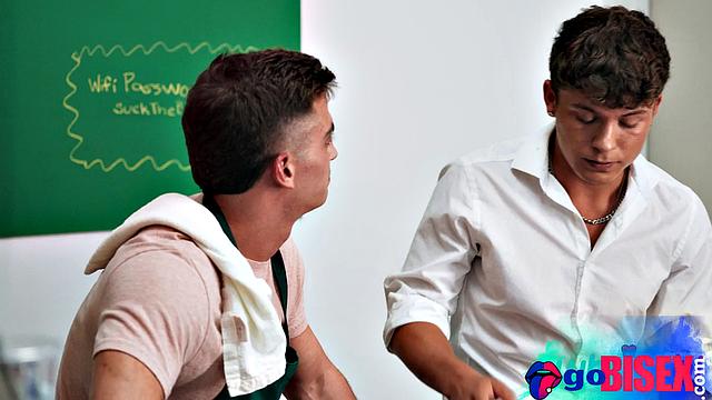 Baristas threesome with beauty