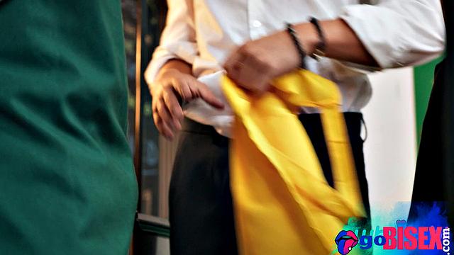 Baristas threesome with beauty