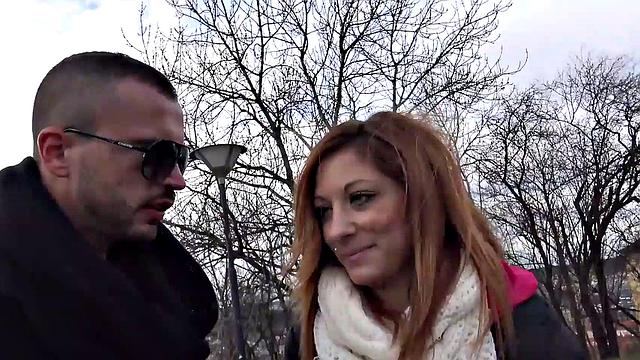 Watch this red-headed teen babe get paid for a POV blowjob and handjob in the outdoors