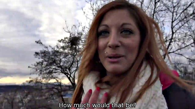 Watch this red-headed teen babe get paid for a POV blowjob and handjob in the outdoors