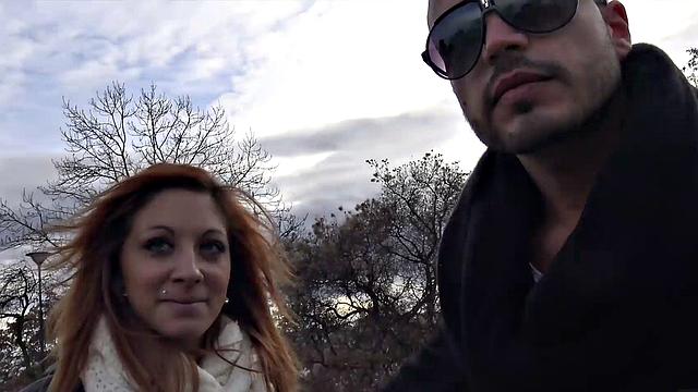 Watch this red-headed teen babe get paid for a POV blowjob and handjob in the outdoors