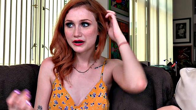 Redhead slut with glasses and small boobs blows in POV