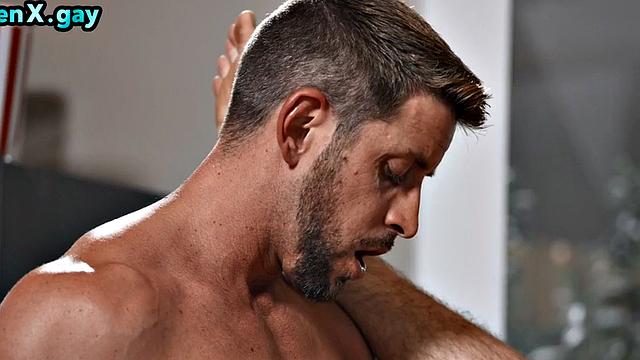 Muscular stud barebacks twink's asshole after BJ